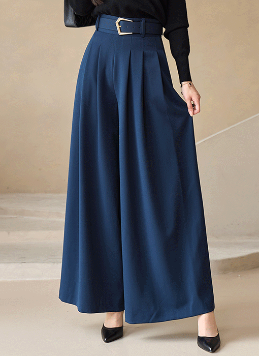 Belted Double-Pleat Wide-Leg Slacks