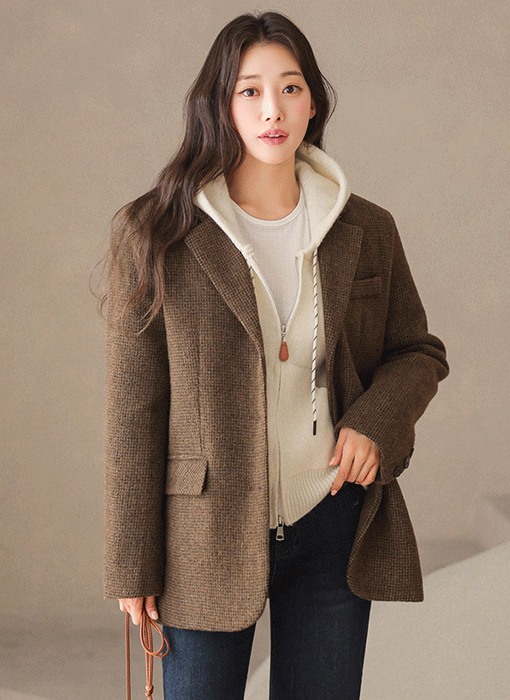 [The Onme] Three-Button Wool-Blend Check Jacket