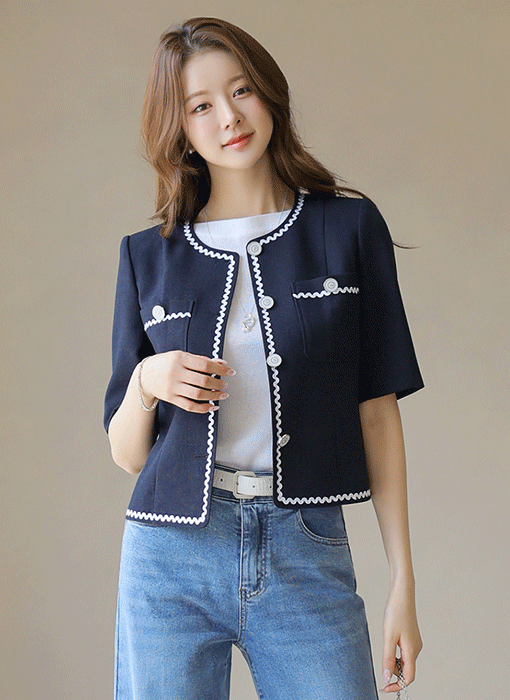 [LouisAngel] Wave Trim Linen-Like Collarless Jacket