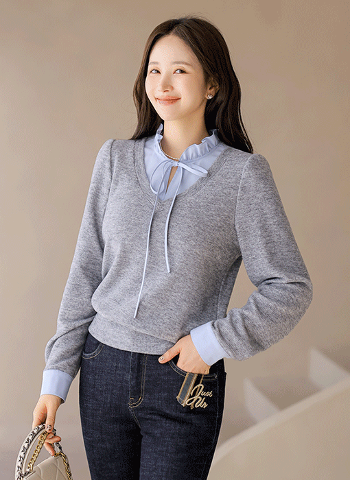 [LouisAngel] Soft Contrast Ruffle Tie-Neck Layered Blouse Tee