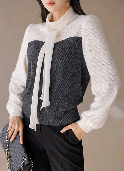 [LouisAngel] Lace-Blend Ribbon Layered-Look Blouse Tee
