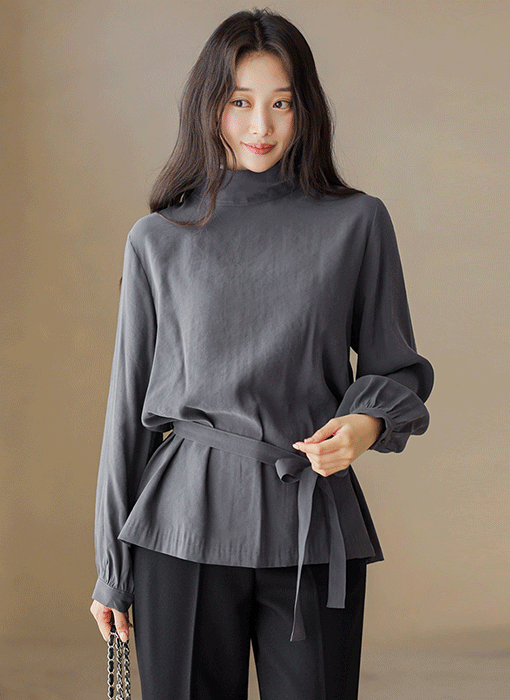 Rayon-Blend High-Neck Sash Blouse