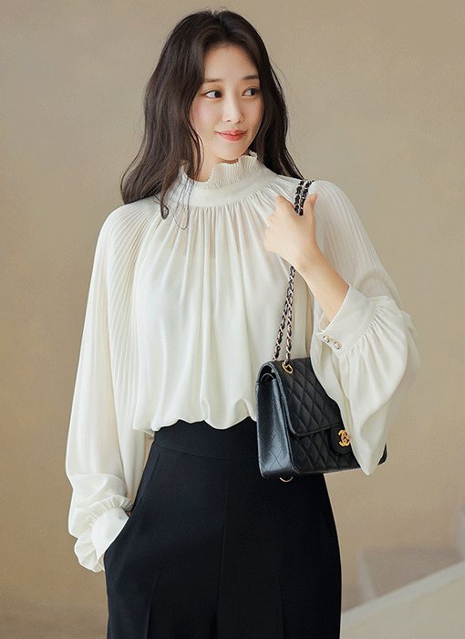 Pleated High-Neck Volume Blouse