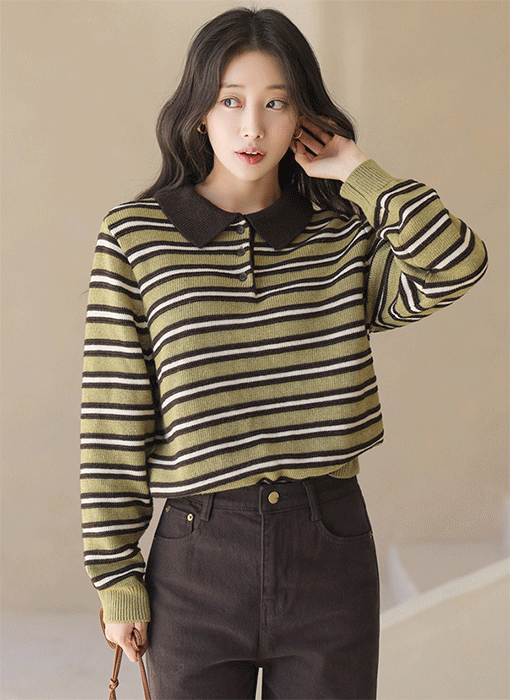 [The Onme] Contrast-Collar Multi Striped Knit Top