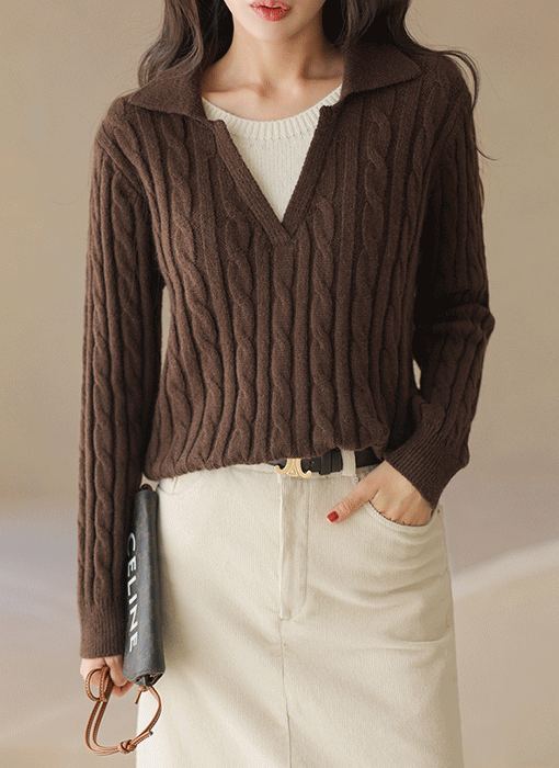 [The Onme] Contrast-Insert Collared Cable Knit Top