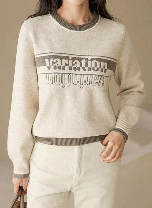 [The Onme] Contrast-Trim Lettering Crewneck Knit Top