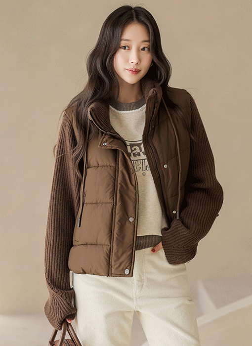 [The Onme] High-Neck Knit-Panel Padded Jacket