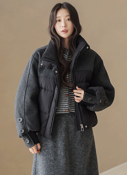 [The Onme] Contrast Panel High-Neck Puffer Jacket