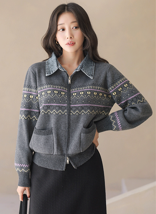 [The Onme] Denim Collar Patterned Zip-Up Knit Cardigan